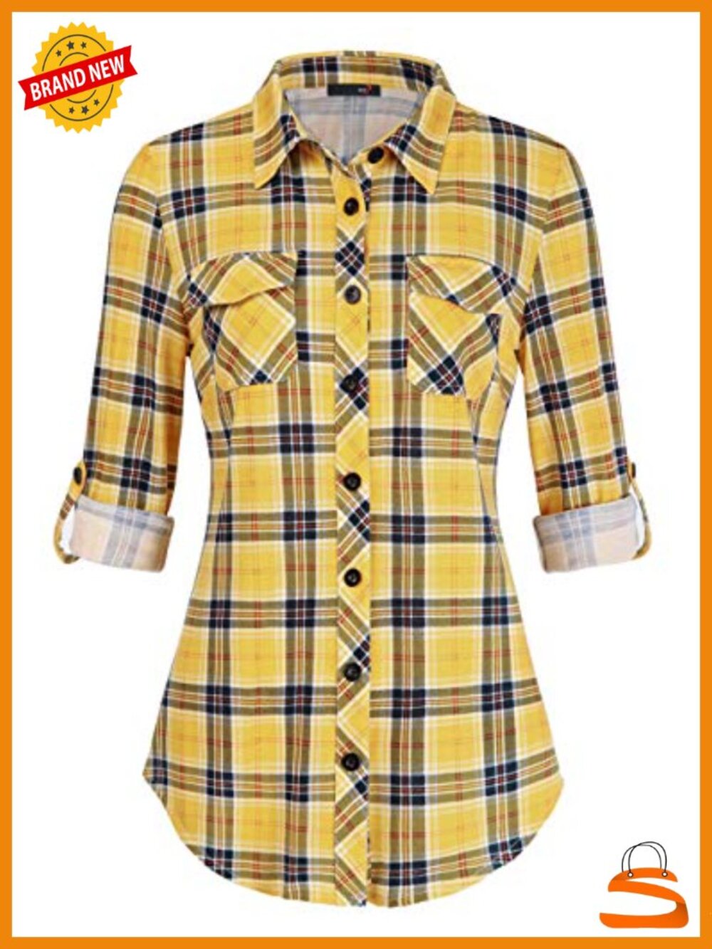 Womens Soft Stretchy Knit Plaid Button Down Roll Up Sleeve Blouse